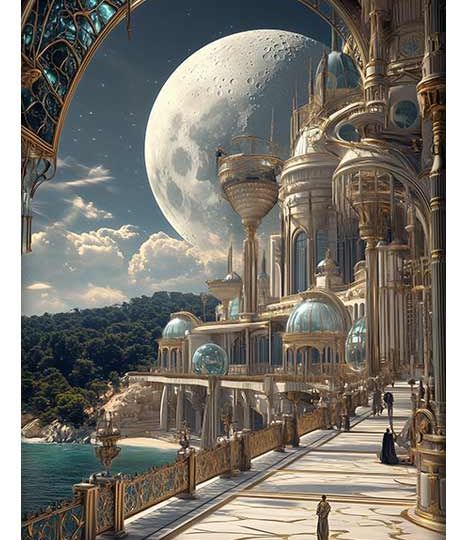 Fantasy cityscape under a large, detailed moon, featuring ornate architecture with golden and glass domes by the sea.