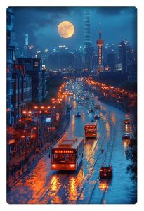 A night scene of a bus driving down a wet street in Shanghai, illuminated by streetlights, with a full moon and the city skyline in the background.