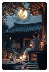 A serene night scene of a woman and her dog sitting on a porch under the light of a full moon, with a traditional house in the background.