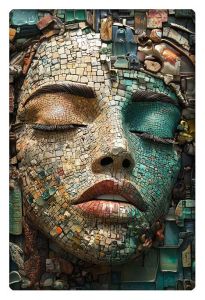 Intricately detailed mosaic of a serene woman’s face blending textures and colors.