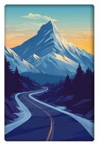 Illustration of a winding road leading to a towering snow-capped mountain at sunset.