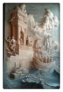 A highly detailed, classical relief mural depicting an ancient scene of sailors on a ship near a grand coastal structure, with figures preparing for a journey while waves crash against the stone steps. Clouds loom dramatically in the sky.