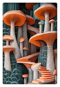 Surreal forest of giant mushrooms with a staircase winding through the scene.