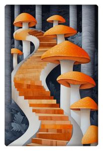 A whimsical staircase winds upwards through an enchanted forest of giant, orange-capped mushrooms. The staircase, made from alternating warm-toned wooden steps, blends with the mushrooms in both color and form, creating a striking optical illusion. The mushrooms appear to grow taller as the staircase ascends, casting long shadows that add depth to the scene. Towering white mushroom stems contrast with the dark, shadowy forest background, which consists of tall, ghostly trees with delicate, detailed bark.