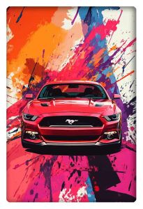 Red Ford Mustang against a vibrant and abstract splatter art background.