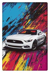 White Ford Mustang racing through an abstract splash of vibrant colors in a modern art style.