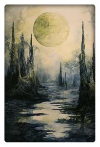 Watercolor painting of a surreal alien landscape with towering spires and a large, luminous moon.