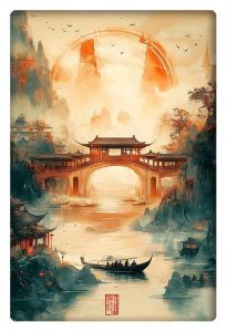 A serene, misty landscape featuring a traditional Asian bridge over a calm canal, with boats gliding through the water and mountains fading into the background.