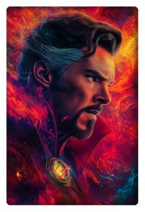 Vivid and colorful side profile of Doctor Strange surrounded by swirling, fiery energy, showcasing his mystical powers.