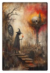 A surreal artwork of a mysterious figure in a dark cloak and pointed hat, walking towards a towering structure with a giant skull perched on top, glowing under an eerie sunset sky.