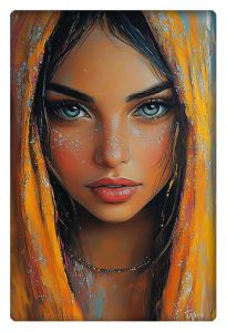 A stunning acrylic painting of a young woman with piercing blue eyes and an orange veil, expressing a captivating gaze.