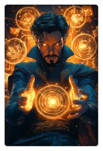 Dr. Strange harnessing mystical powers, glowing with orange energy and intensity.