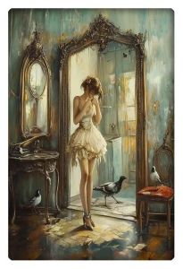 A young woman stands in a vintage, ornately decorated room with birds perched around her, evoking a scene of mystery and reflection.