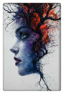 Abstract watercolor painting of a woman's face with tree-like hair in vibrant colors.