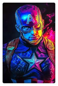 Captain America in vibrant neon colors, ready for action with a glowing background.