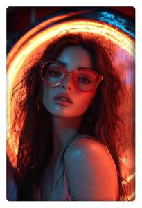 Cyberpunk-inspired portrait of a woman with red glasses, bathed in neon light.