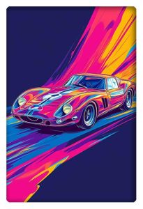 A neon-inspired rendering of the Ferrari 250 GTO with bold pink, purple, and yellow streaks trailing behind the iconic race car.