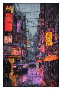 A cyberpunk-inspired scene of a rainy night in a city, with glowing neon signs, cars on wet streets, and pedestrians holding bright umbrellas.