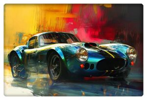 Bold artwork featuring a blue vintage sports car speeding through neon colors with dynamic motion effects.