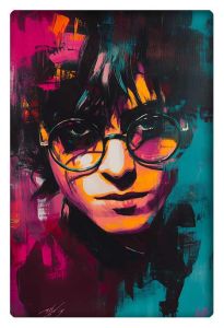 Bold, neon-colored portrait of Harry Potter with vibrant magenta, teal, and orange hues.