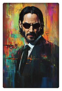 Keanu Reeves as Neo in vibrant abstract background, wearing sunglasses and a black suit.