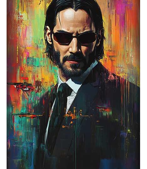 Keanu Reeves as Neo in vibrant abstract background, wearing sunglasses and a black suit.