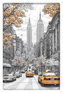 A detailed illustration of a New York City street, with yellow taxis driving down the road, framed by blooming trees and iconic skyscrapers like the Empire State Building in the background.