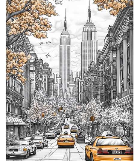 A detailed illustration of a New York City street, with yellow taxis driving down the road, framed by blooming trees and iconic skyscrapers like the Empire State Building in the background.