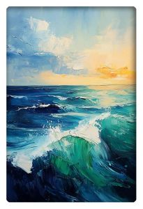 AI-generated abstract impressionistic painting of an ocean with crashing waves under a bright sky at sunset.