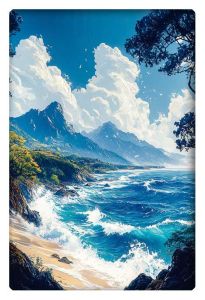 A dynamic landscape painting of crashing ocean waves along a rocky shoreline with tall mountains and a bright blue sky.