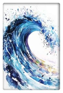 A vibrant watercolor painting of a crashing ocean wave, with splashes of deep blues and whites.