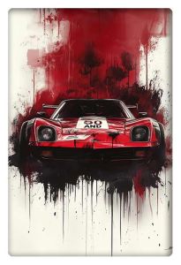 A powerful race car rendered in a dynamic oil-drip art style, with bold red and black splashes cascading around the vehicle, creating a sense of raw speed and intensity.