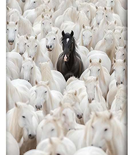 A striking black horse standing among a herd of white horses, symbolizing individuality.