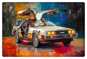 A vibrant artistic depiction of the Delorean from Back to the Future, showcasing its iconic gull-wing doors open against a colorful abstract background.