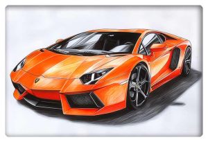 An orange Lamborghini Aventador sports car depicted in a highly detailed and stylized illustration, showcasing its sharp lines, aggressive stance, and sleek design.