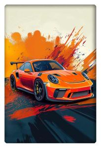 An energetic portrayal of an orange Porsche GT3 RS speeding through a bold and dynamic splash of colors in a cell-shaded cartoon style.