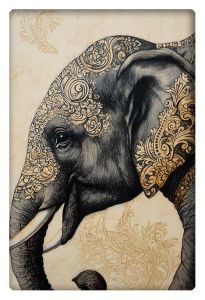 A detailed black and gray drawing of an elephant adorned with intricate Hindu-inspired patterns and ornate designs on its head and trunk.