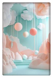 A whimsical pastel-colored dreamscape with floating spheres and fluffy clouds, evoking a serene and imaginative world.