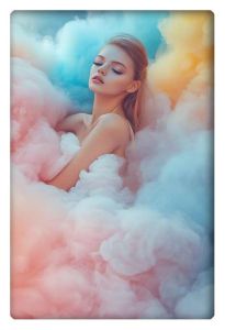 Dreamy portrait of a woman surrounded by pastel-colored clouds.