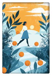 A serene illustration of a woman walking along a peaceful path, surrounded by nature, with oranges scattered across the ground under a warm sunset.