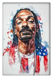 Watercolor portrait of Snoop Dogg wearing an American flag-themed shirt.