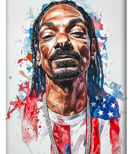 Watercolor portrait of Snoop Dogg wearing an American flag-themed shirt.