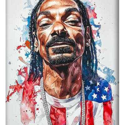 Watercolor portrait of Snoop Dogg wearing an American flag-themed shirt.