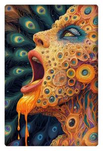 A vibrant, AI-generated artwork depicting a surreal face with peacock feather patterns and intricate fractal designs, with golden liquid flowing from an open mouth, symbolizing transformation and nature’s beauty.