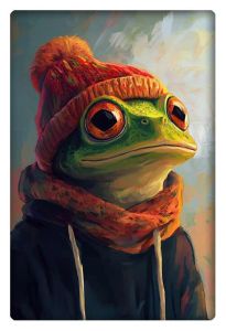 Frog wearing a cozy red beanie and scarf, gazing thoughtfully with a serene background.