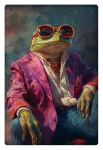 Frog in a stylish pink suit and sunglasses, seated confidently in a relaxed pose.