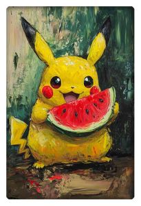 Oil painting of Pikachu happily eating a large slice of watermelon, with bright colors and rich texture.