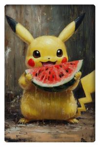 Adorable Pikachu eating a slice of watermelon in an oil painting style.