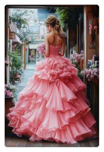 A woman in a flowing pink gown stands in a quaint alley adorned with flowers, holding a small bouquet.