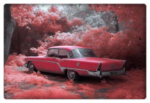 A vintage pink car parked in a serene, otherworldly landscape with pink foliage and trees.